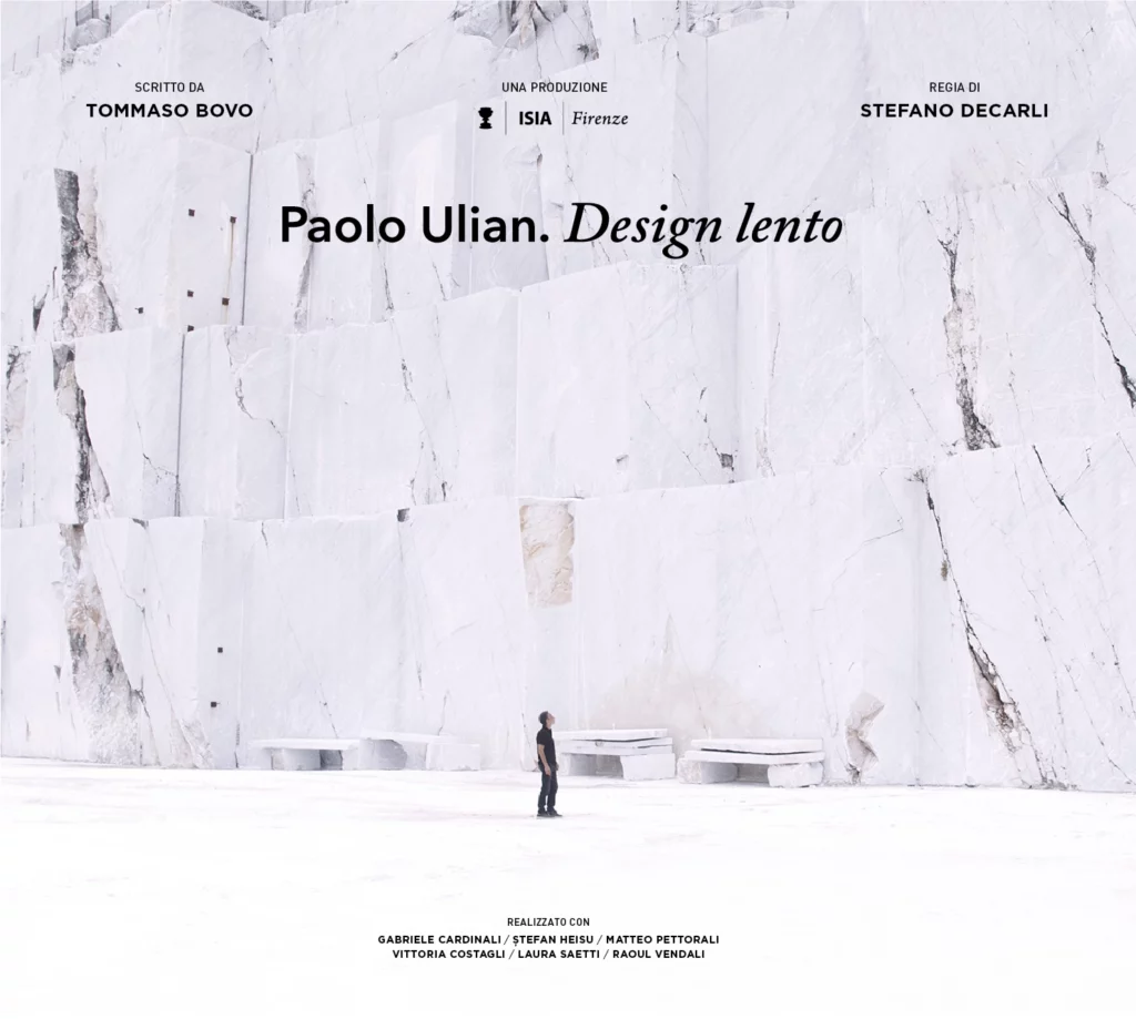 Poster del film Paolo Ulian. Design lento con scena di una cava di marmo e uomo in abbigliamento scuro.