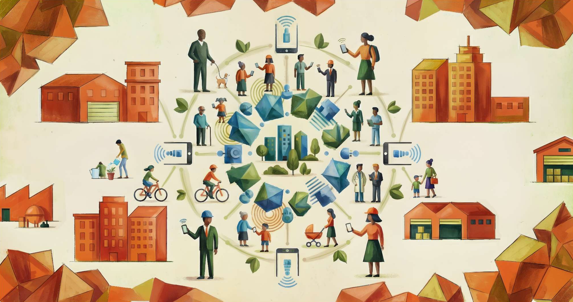 Illustrazione di una citt&agrave; intelligente con persone interagenti tramite tecnologia, edifici moderni e spazi verdi.