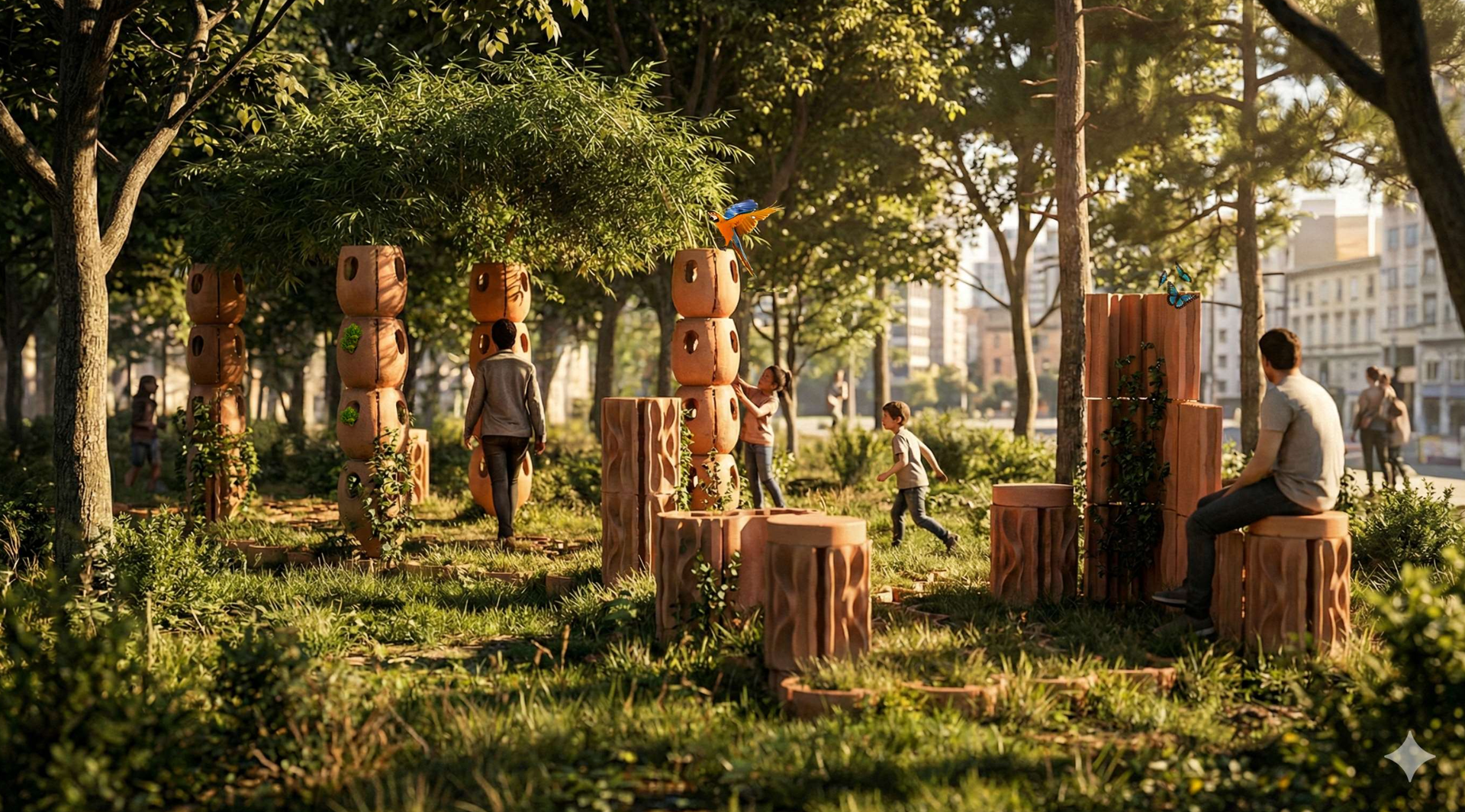 Persone interagiscono in un parco cittadino con strutture naturali tra alberi e vegetazione.