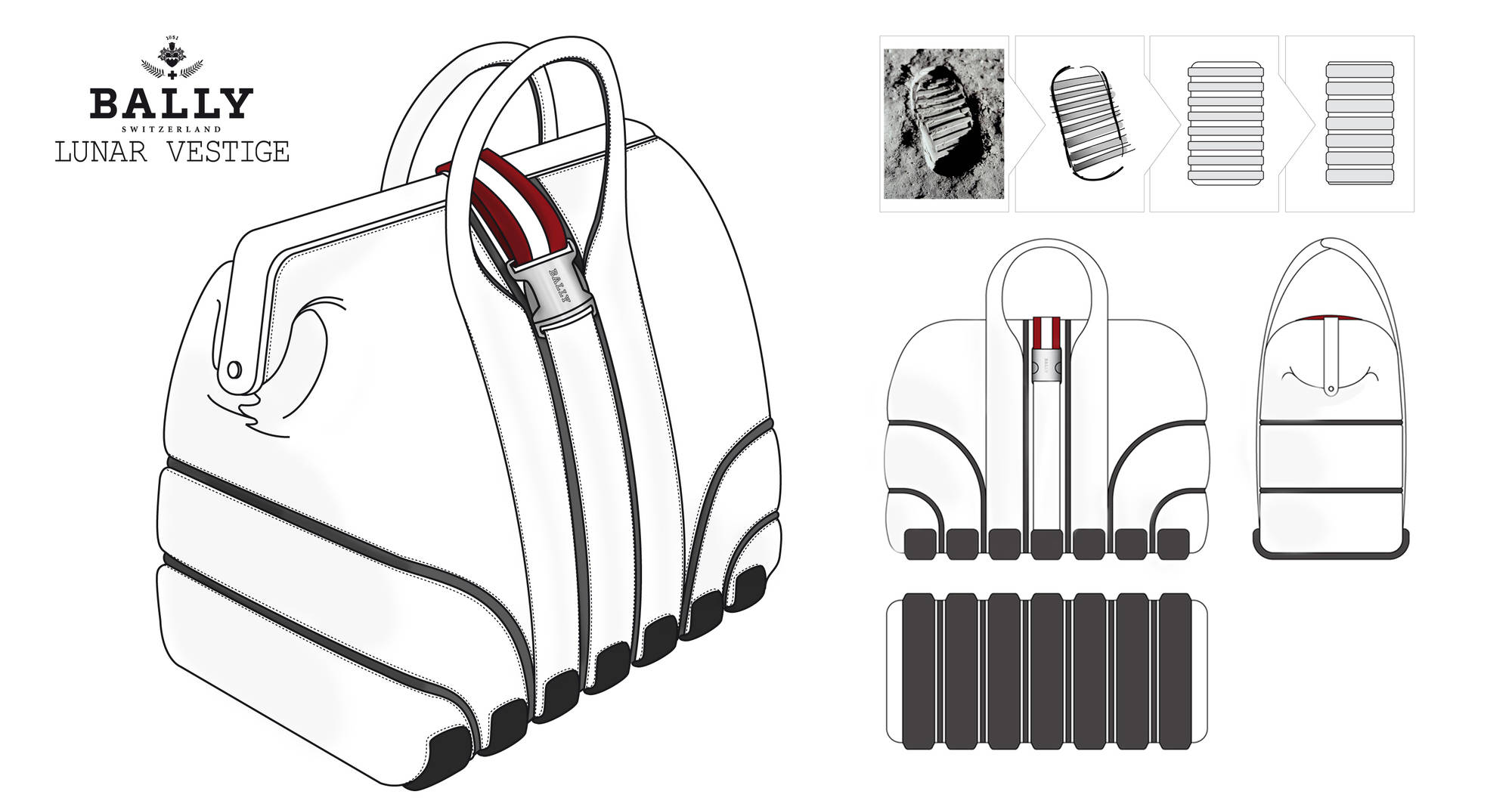 Tavola di schematizzazione del concept della linea di borse Lunar Vestige per Bally