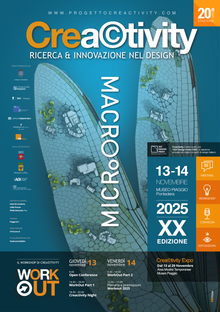 Poster di CreActivity 2025 con date, luogo, attività e grafica ispirata all'innovazione nel design.