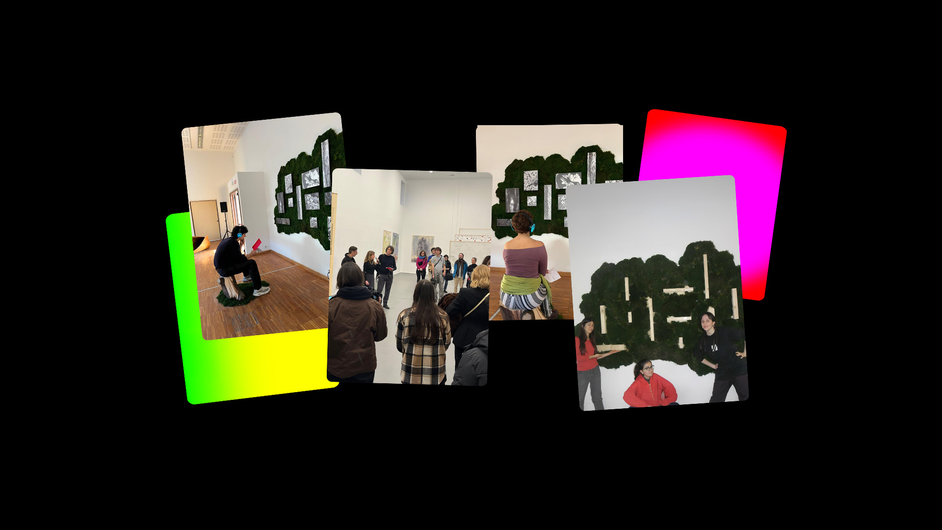 Persone osservano installazioni artistiche su pareti in una galleria moderna, sfondo nero con colori vivaci.