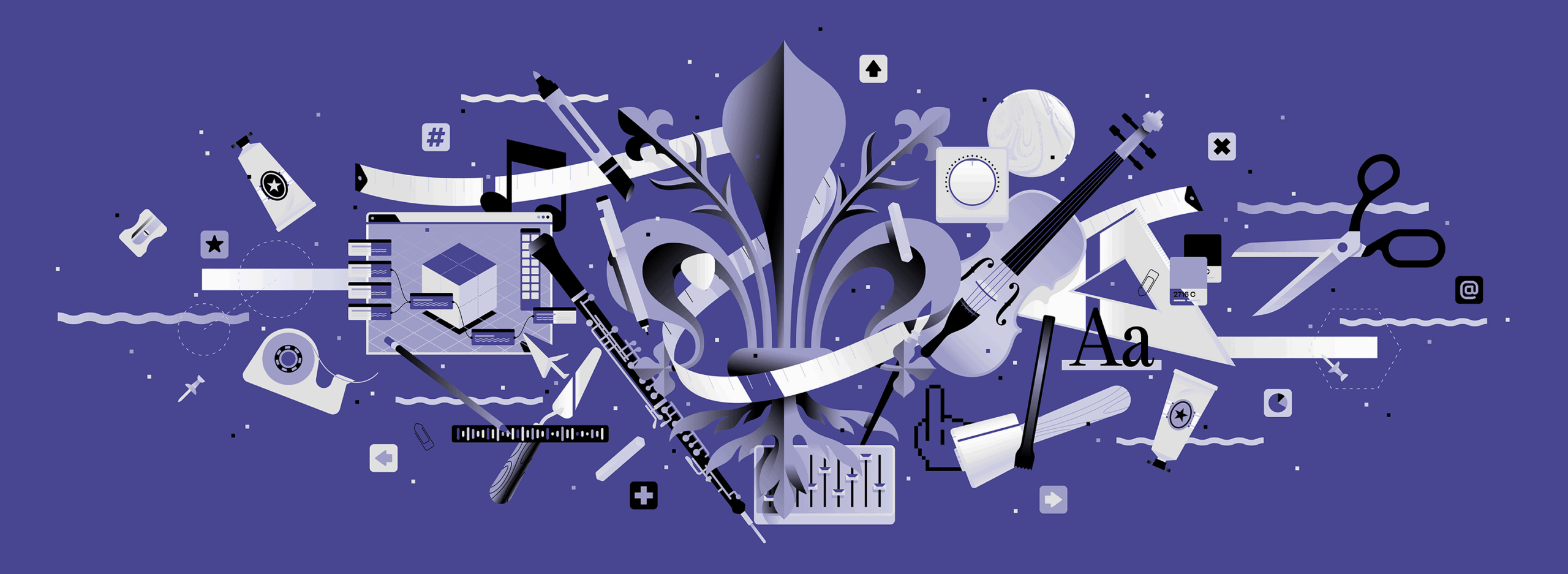 Illustrazione creativa con strumenti artistici e musicali su sfondo blu, simboli di grafica e editing digitale.