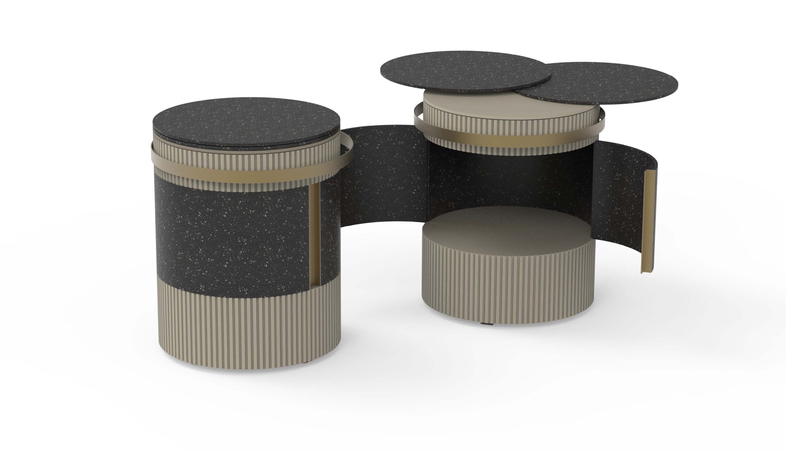 Tavolo moderno con design cilindrico e pannelli neri lucidi, caratterizzato da texture rigate e elementi sovrapposti.