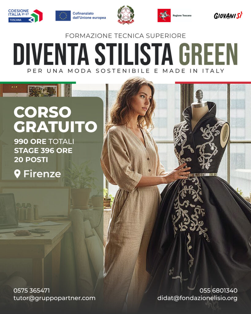 Donna accanto a manichino con abito nero ricamato, promozione corso di moda sostenibile a Firenze.