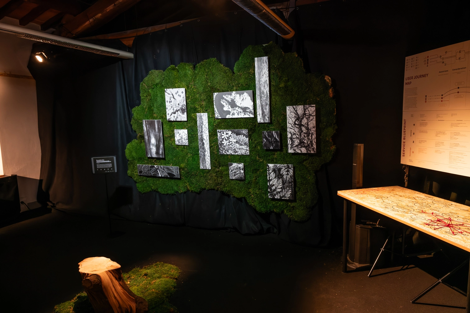 Parete di quadri in bianco e nero su sfondo di muschio, con tavolo moderno a lato, in un ambiente d'arte illuminato.