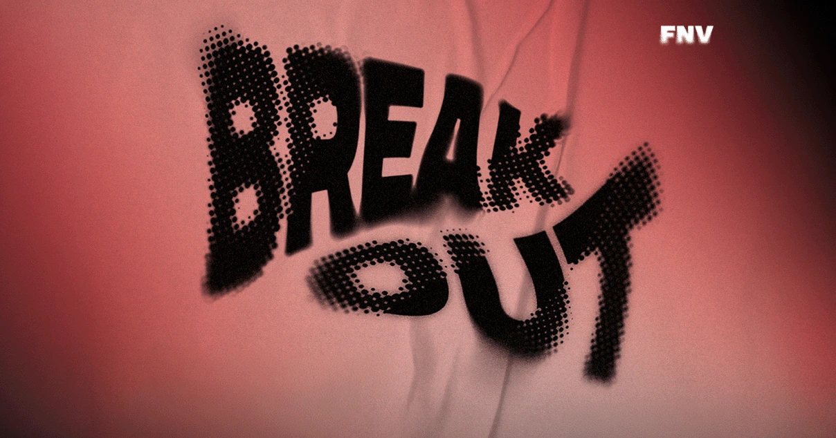 Testo stilizzato Break Out su sfondo rosso sfumato, con effetto puntinato e dinamico.