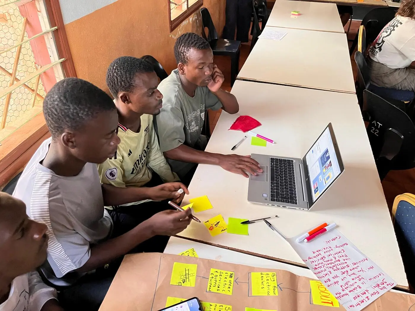 Giovani uomini collaborano al computer, con note e penne su un tavolo bianco in un'aula di formazione.