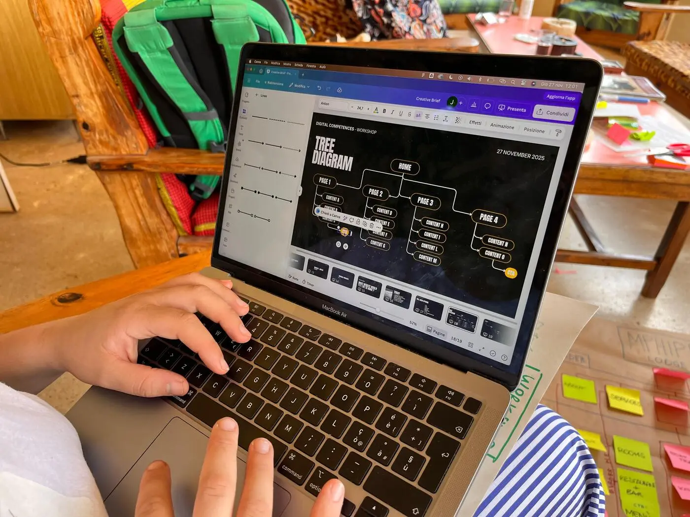 Persona usa laptop per creare diagramma ad albero, post-it colorati sparsi su tavolo di legno in sottofondo.