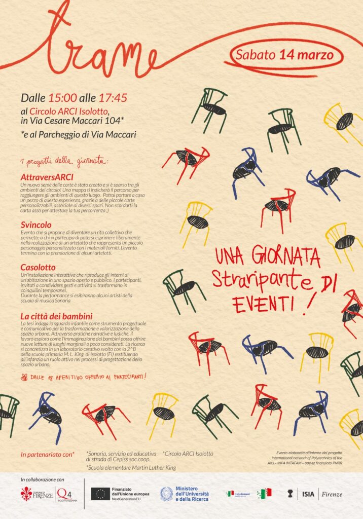 Locandina evento Trame, 14 marzo, Circolo ARCI Isolotto, Firenze, tra attività creative e incontri per tutti.