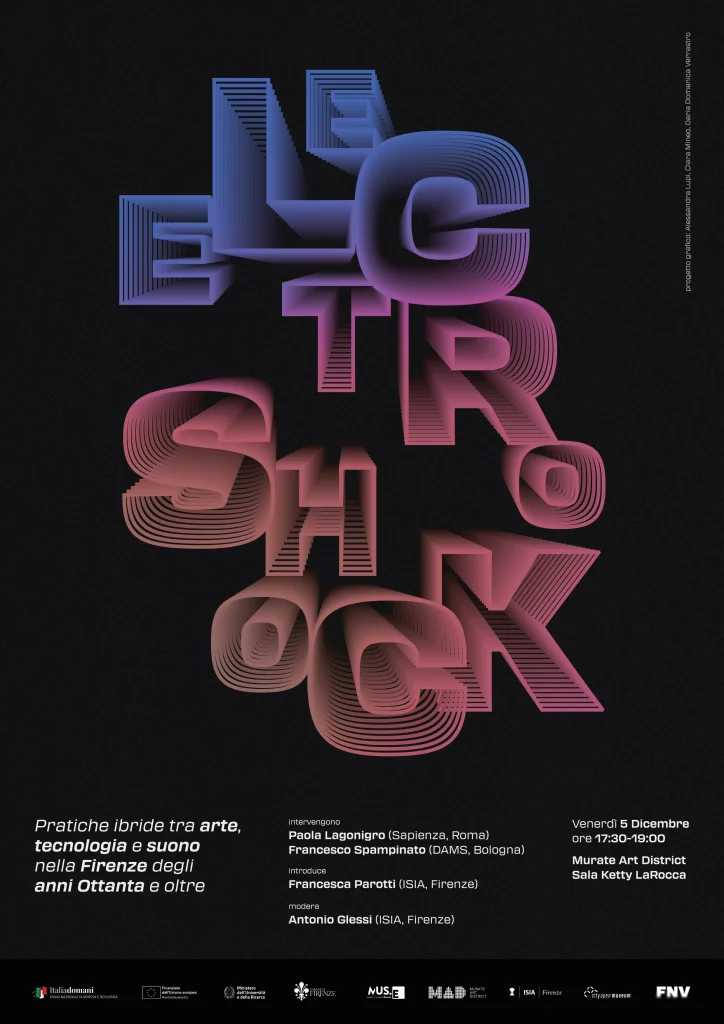 Poster evento Electroshock a Firenze su arte, tecnologia e suono anni '80; ospiti, data e luogo inclusi.