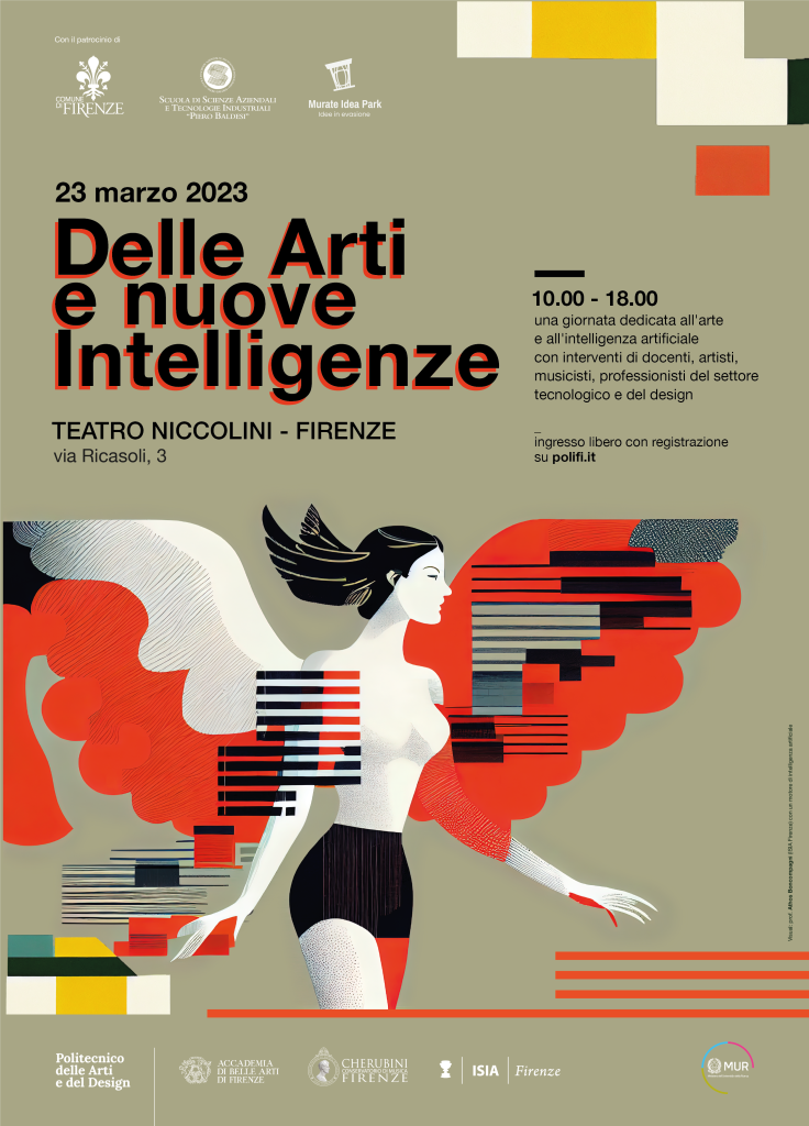 Manifesto dell'evento. Visual: prof. Athos Boncompagni (ISIA Firenze) con un motore di intelligenza artificiale