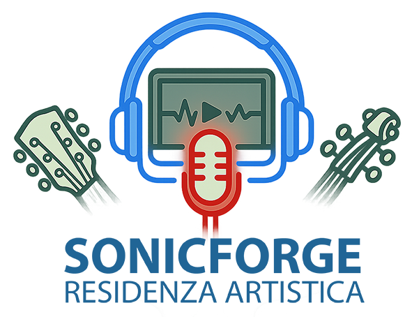 Logo di Sonicforge Residenza Artistica con microfono, cuffie e simboli musicali stilizzati.