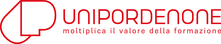 Logo di Unipordenone con il motto moltiplica il valore della formazione in rosso su sfondo bianco.