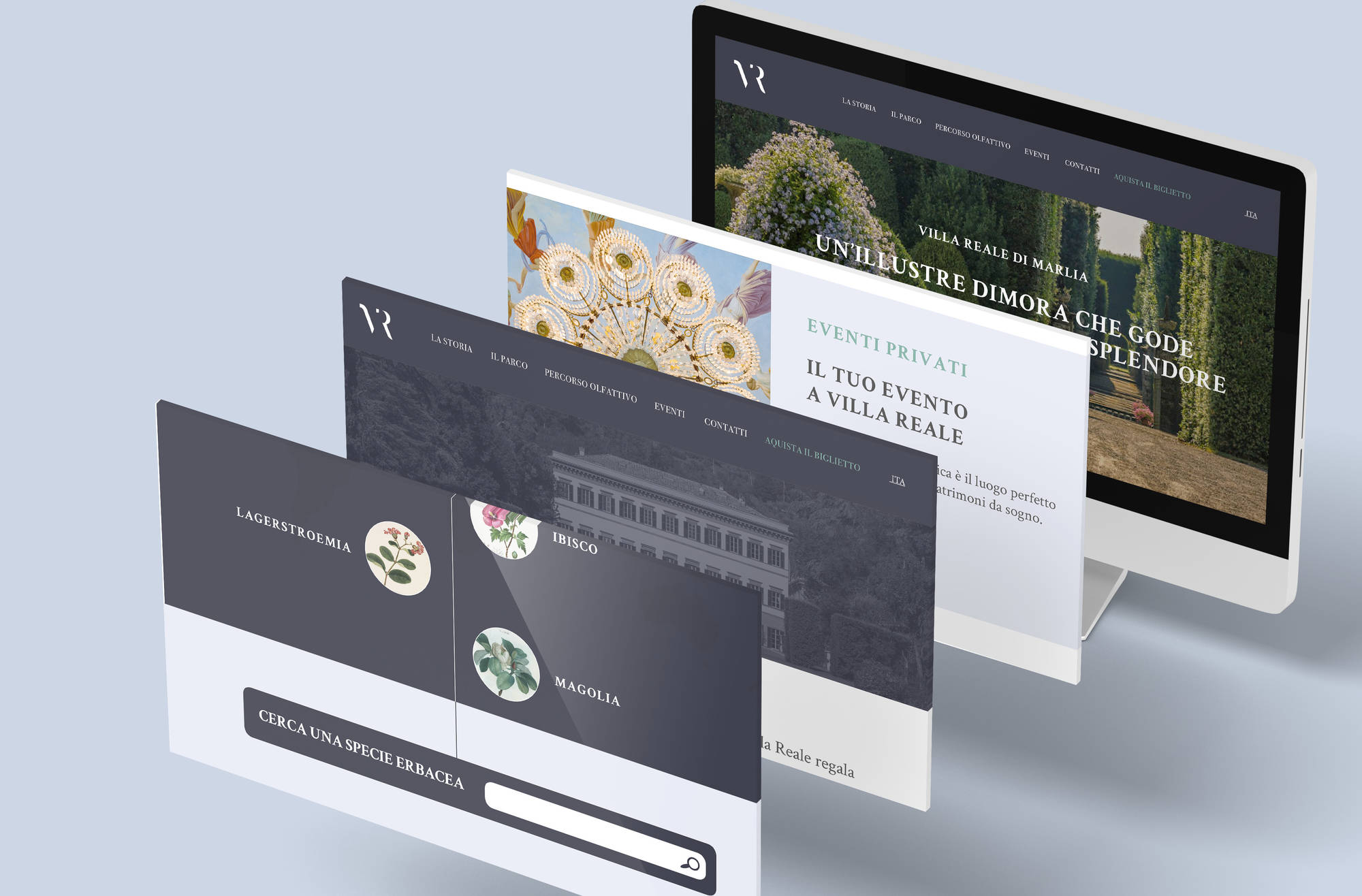 Mockup schermate sito web del progetto "Villa Reale di Marlia"